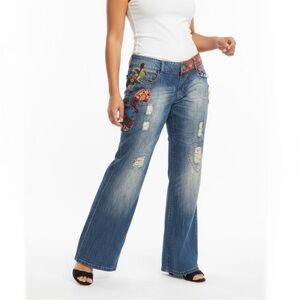 Desigual Blue Flare Jeans with Colorful Embroidery